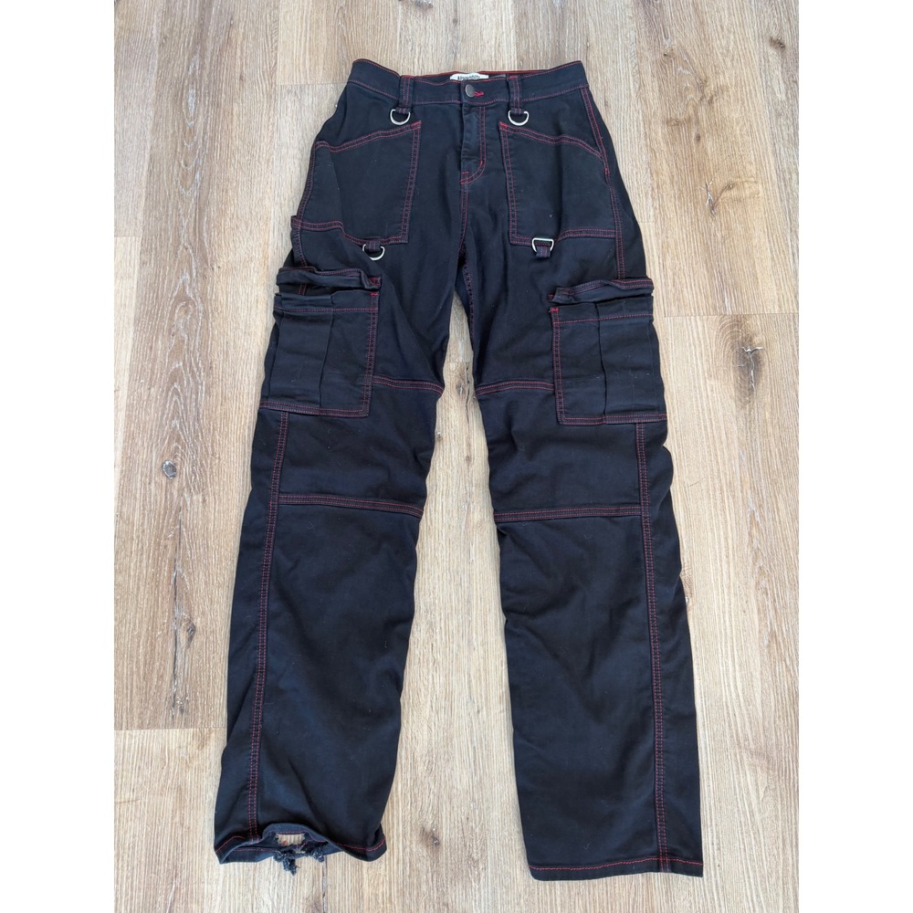 Aphrodite Y2K Goth Cargo Pants Womens Sz 1 27x32 Black Red Stitch Wide Leg